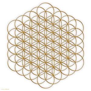 פרח החיים מן הגאומטריה המקודשת בחמישה מעגלים. בגווני זהב על לבן.