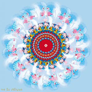 מנדלת בעלי חיים על רקע תכלת, פילים, דולפינים, היפופוטם, ברווזים ועוד