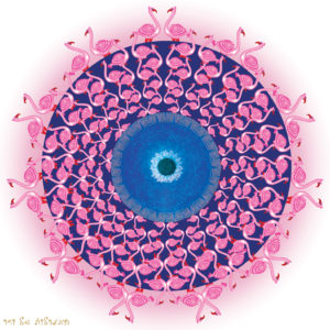 מנדלת פלמינגו ורודים על עיגול כחול ועל רקע לבן