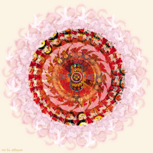 מנדלת בעלי חיים, ברבורים, זברות, ציפורים וחמה על רקע בז'