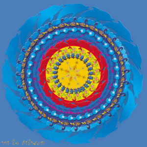 מנדלת בעלי חיים, דולפינים, ברווזים, היפופוטמים, לבבות, ינשופים על רקע כחול