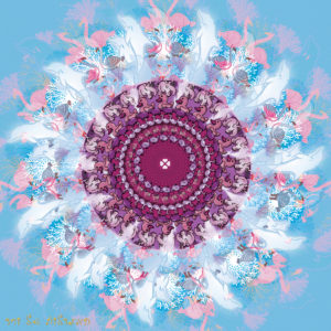 מנדלת בעלי חיים, פלמינגו, דולפינים, פילים, ברווזים וליוויתנים על רקע תכלת בצבעוניות עדינה