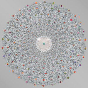 מנדלת חתולים ונקודות צבעוניות, עם ברכות, אהבה, שמחה, בריאות ואור על רקע אפור.