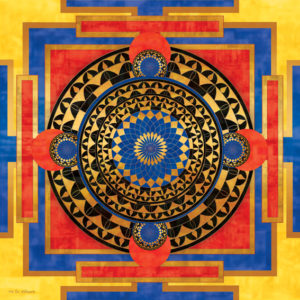 מנדלה במבנה טיבטי ריבועי בצבעים עזים, כחול, אדום, צהוב, זהב, שחור.