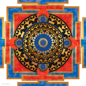 מנדלה בתבנית ריבועית בצבעים עזים, כחול, אדום, צהוב, זהב ושחור