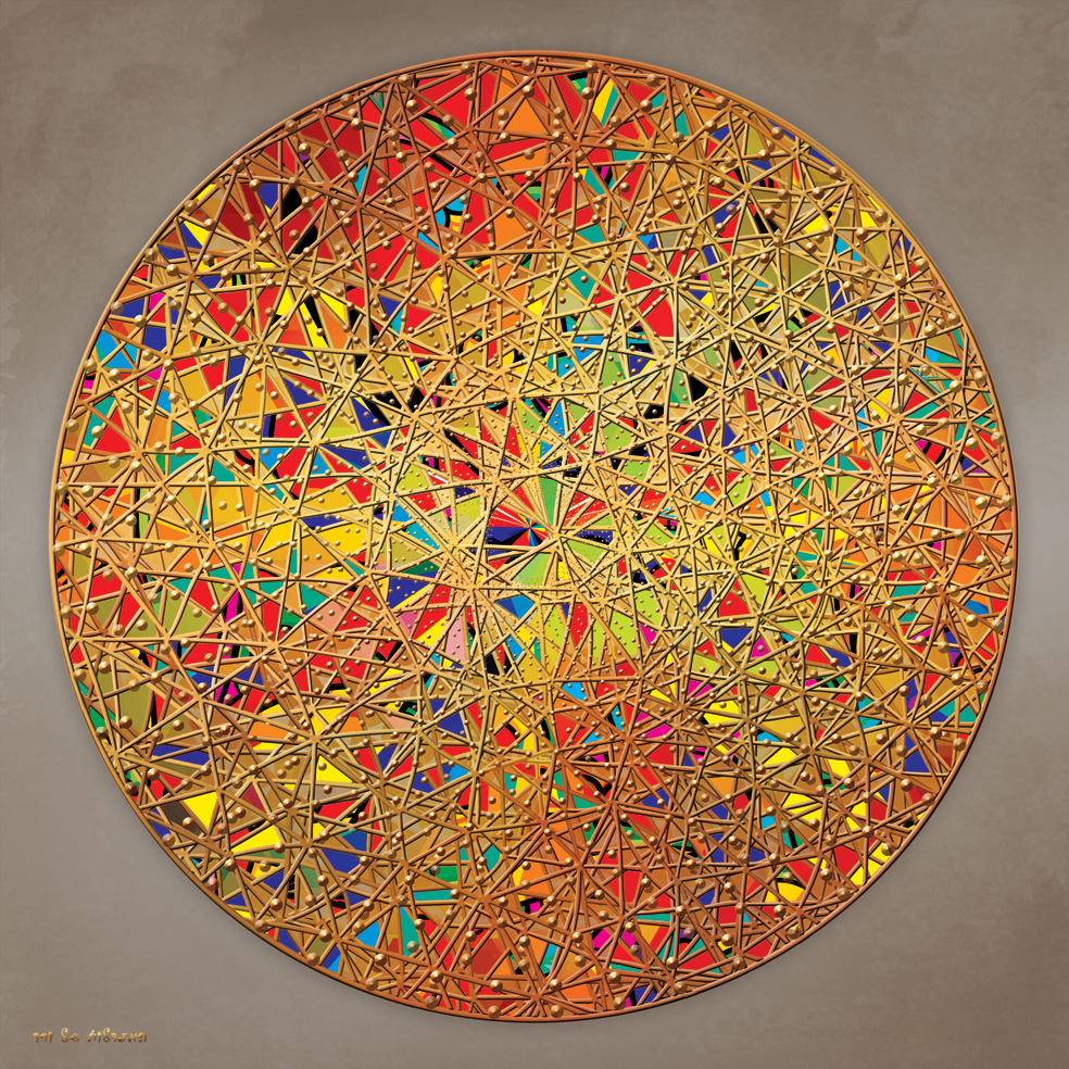 מנדלת ויטראז' 1 מנדלה מרשימה המזכירה לי ויטראז', בעברי עשיתי ויטראז'ים, מאוד אוהבת זכוכיות צבעוניות וזו ההשראה שלי. מנדלה צבעונית עם זהב על רקע אפור.